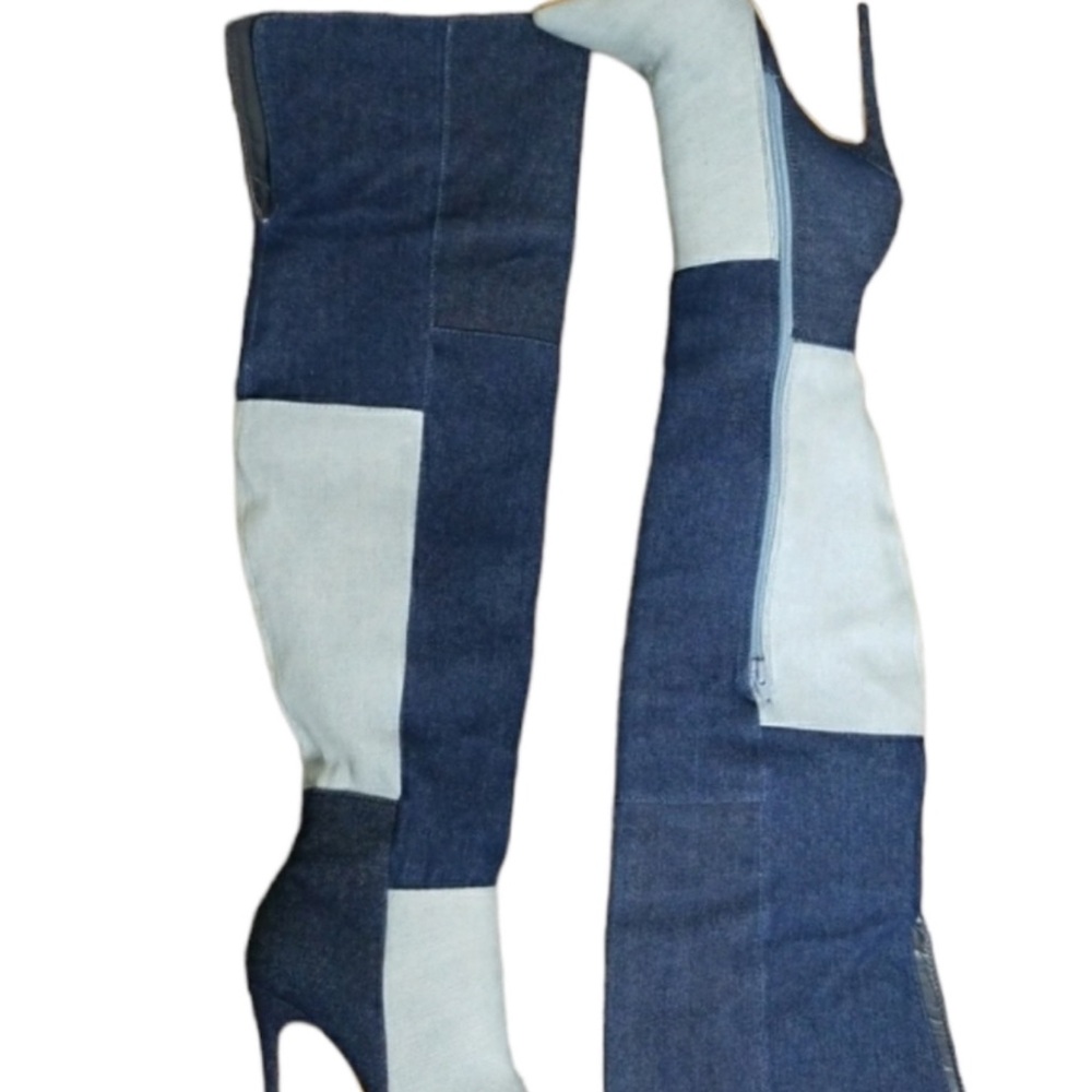 Patchwork Denim Thigh-High Boots